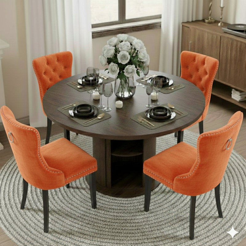 5 Pieces Round Dining Table Sets For 4-6 People, Orange/Black