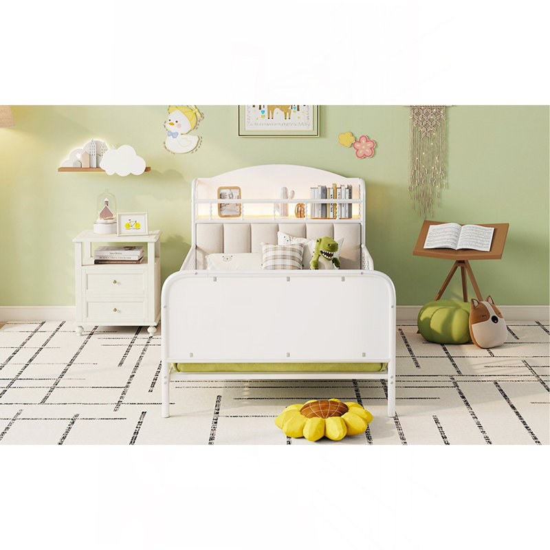Twin Size Metal Platform Bed Frame With Light, Kids Twin Metal Bed With Upholstered And Storage Headboard, White, Twin, White