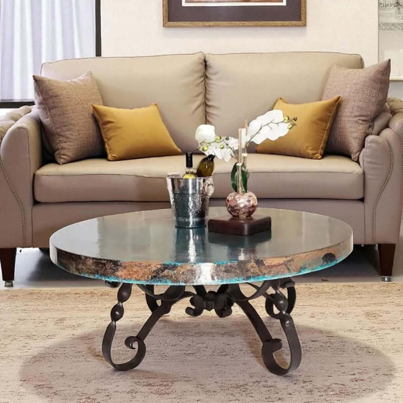 Table basse ronde moderne en cuivre martelé à la main avec fer forgé à la main