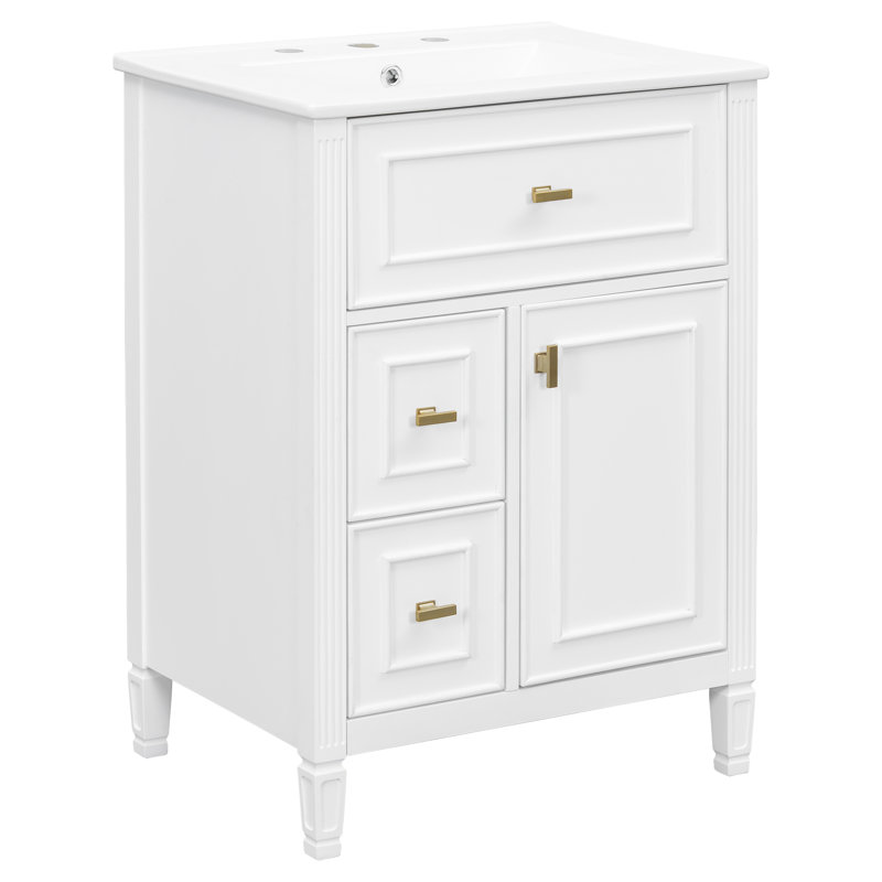 Meuble-lavabo 3 tiroirs 24 po à 3 tiroirs avec plateau en céramique, Blanc