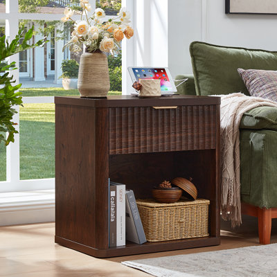 Fluted Nightstand With Charging Station, 23" Wide 1 Drawers Night Stand,End Table With Open Storage,Farmhouse Bed Side Tables, Wood Dresser For Bedroom, Living Room, Closet