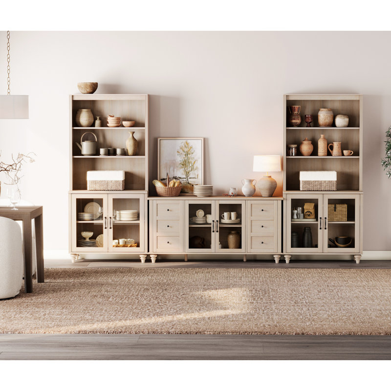 Buffet avec bahut, buffet avec 6 portes en verre, 3 tablettes à 2 niveaux et 2 rangements en bois, beige clair, 125 po