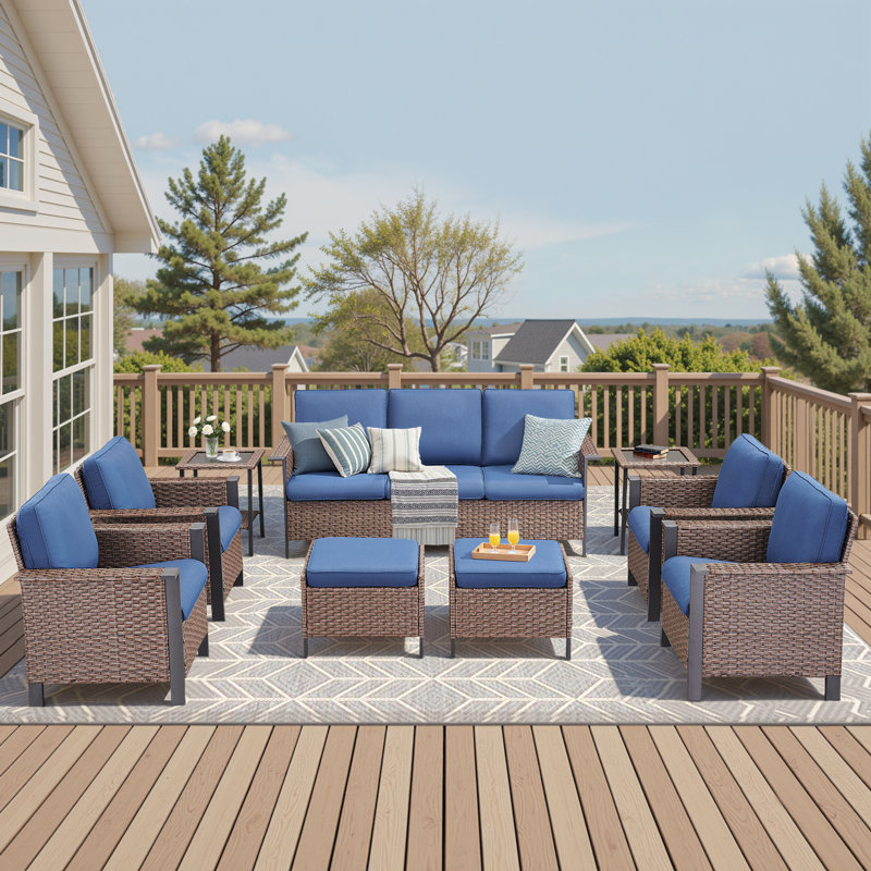Coady 9 - Pieces Outdoor Courtyard Wicker Family Conversation Set Group With 4 Armchairs, Blue, Brown