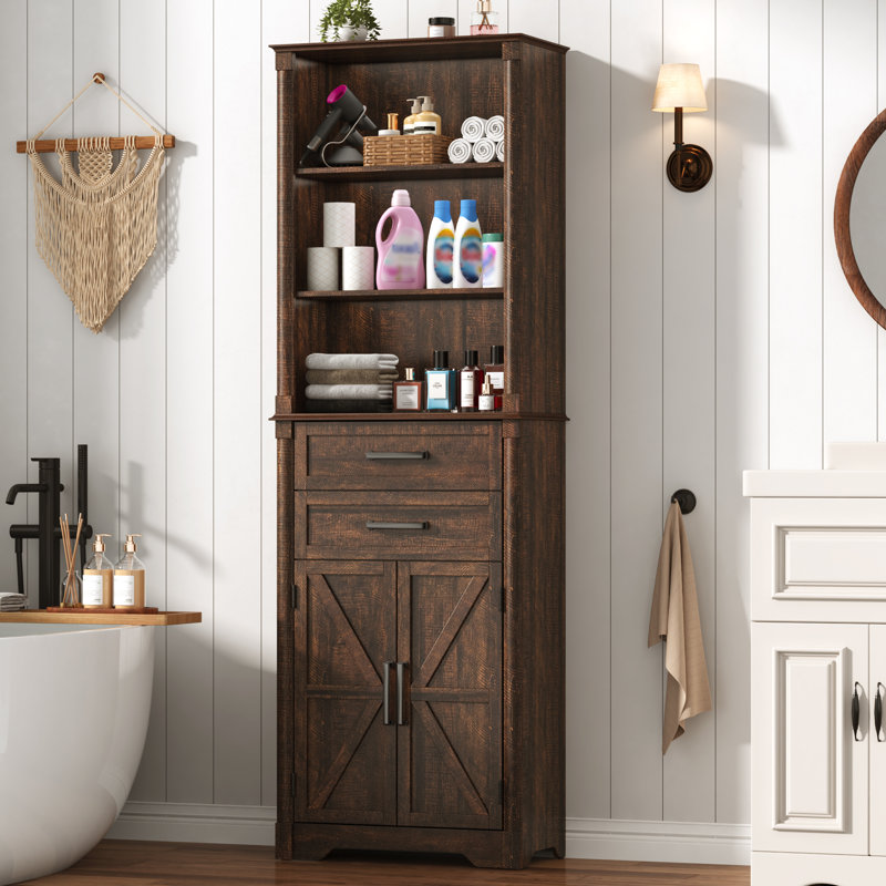 Farmhouse Tall Bathroom Storage Cabinet, Towel Storage Cabinet With 2 Drawers & Barn Doors, Roman Column Decor, Bathroom Cabinets Freestanding