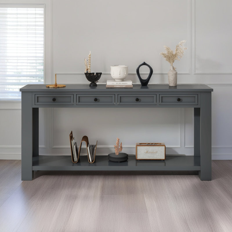 Console 63 po avec 4 tiroirs et tablette ouverte, Brun