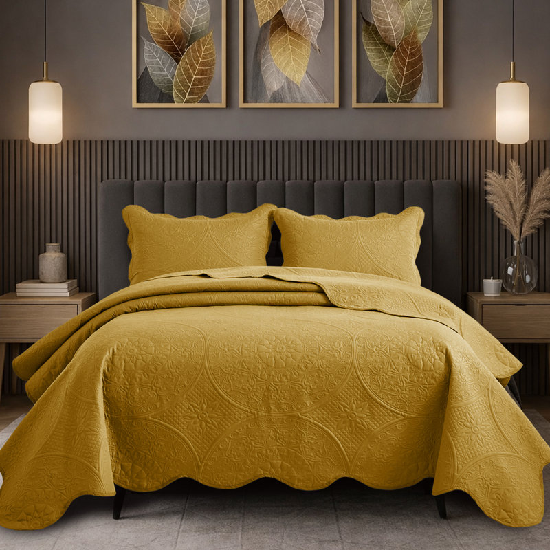 Floral Embossed Quilt Set, Ochre, California King Bedspread + 2 Standard Shams