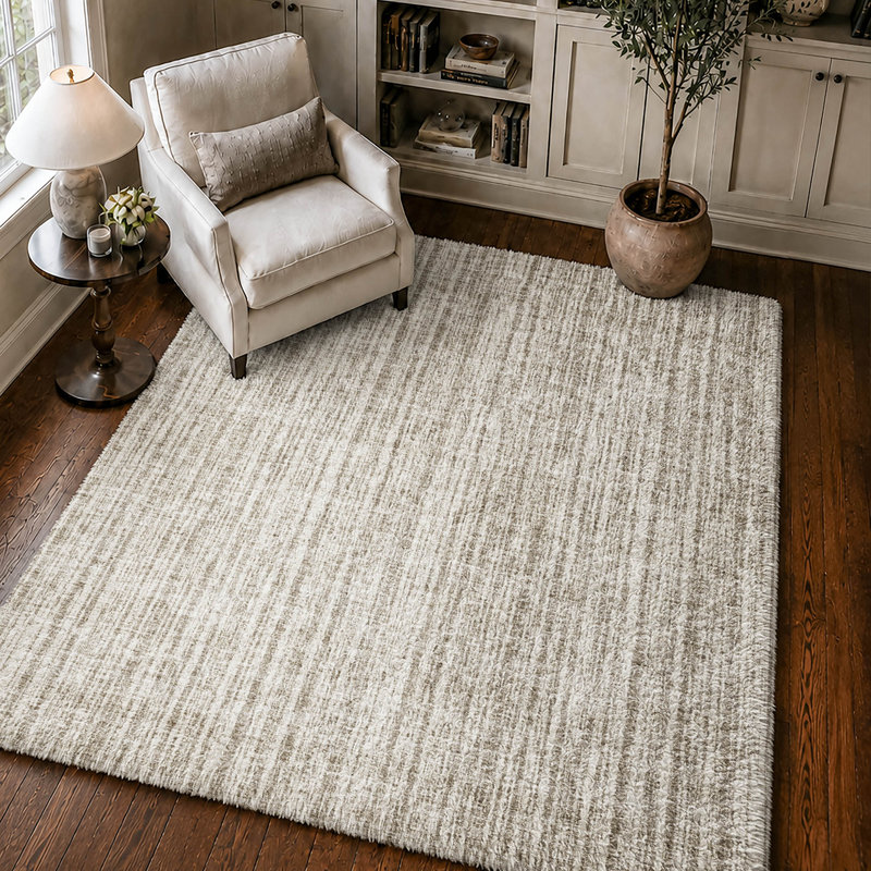 Tapis à rayures Shaggy Dream lavable à la machine de qualité supérieure, Taupe, 3 pi x 5 pi