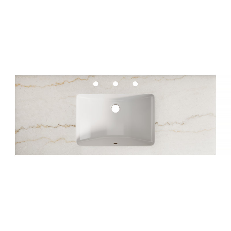 Comptoir LULA 48 po avec bordure en marbre blanc naturel, lavabo encastré en céramique avec 3 trous de robinetterie, sans robinetterie ni meuble, blanc