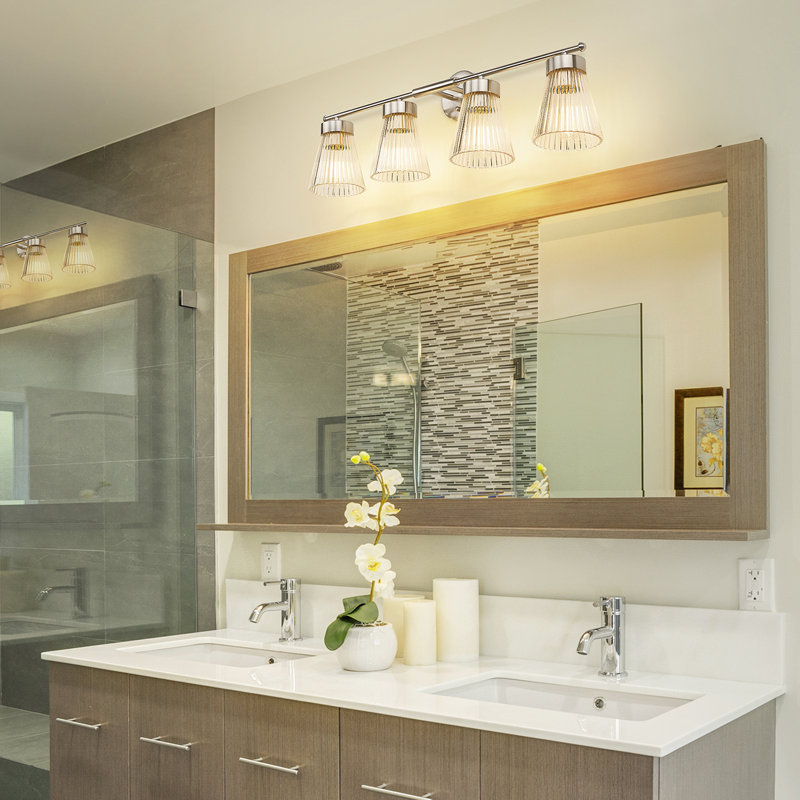 Luminaire de salle de bain rétro à intensité variable, verre rayé transparent, 4, Nickel brossé