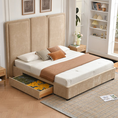 Modern Upholstered Platform Bed with 2 Solid Wood Under-Bed Storage Drawers, Tall 3-Panel Padded Headboard, No Box Spring Required