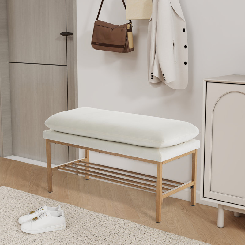 Upholstered Entryway Bench, Storage Shoe Bench With Shelf And Metal Legs, Beige