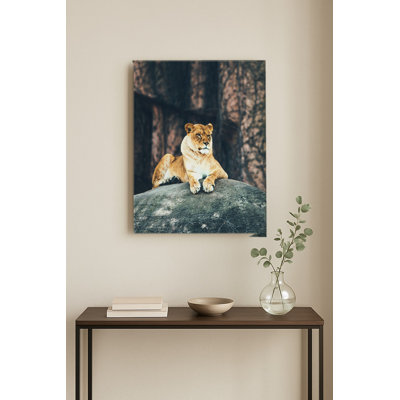 Lionne sur le rocher — Portrait en métal