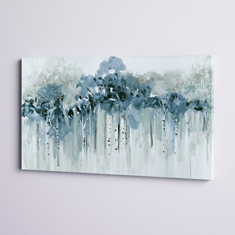 «Blue Birch Morning» par - Peinture, Toile tendue, H 28 po x l 48 po x P 1,5 po