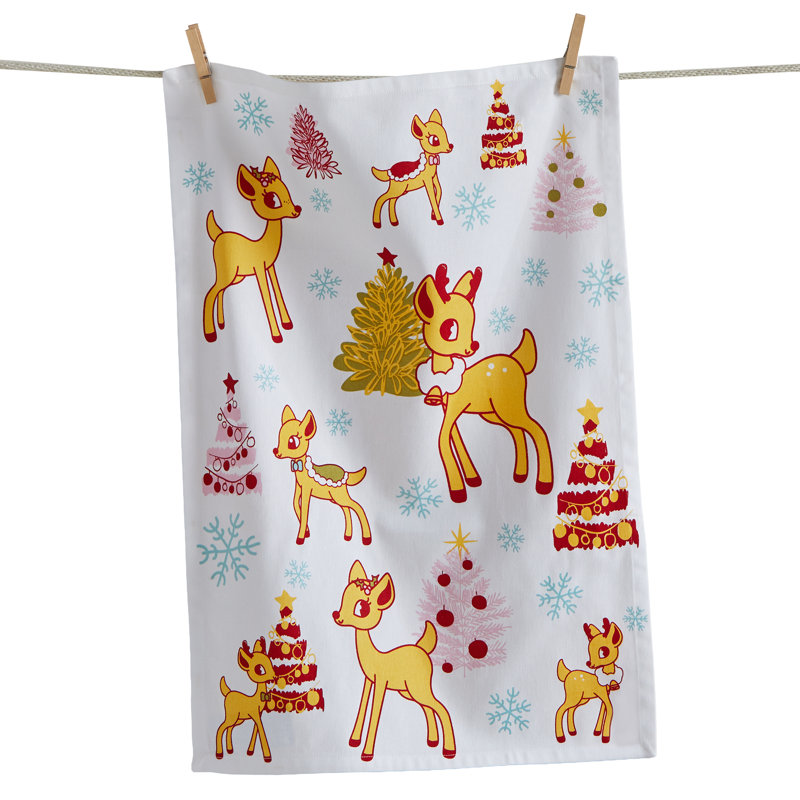 Groovy Reindeer Dishtowel White Cotton Christmas, Christmas, White
