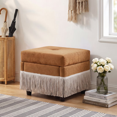 Tufted Square Storage Ottoman Bench, Flip Top Storage Chest with Tassel Fringe Decor, Upholstered Foot Stool Bench for Bedroom End of Bed, Living Room Entryway, Brown