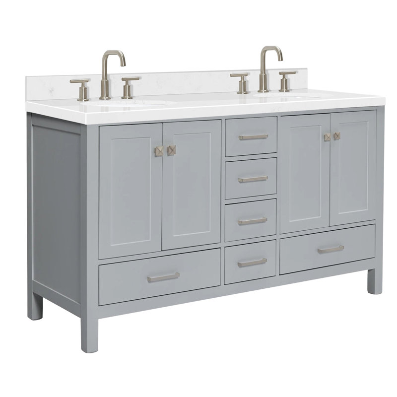 Cambridge 60.25'' Double Bathroom Vanity with Carrara Quartz Top, Gray / Brushed Nickel