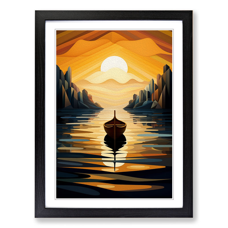 Boat on a Lake Art Deco - Framed Print, Black Framed, 34cm H x 25cm W x 2cm D