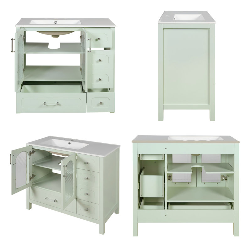 Meuble-lavabo vert 36 po avec portes en verre texturé gaufré, portes et tiroirs à fermeture douce, armoire de rangement moderne en bois massif avec tablette réglable pour l'organisation de la salle de bain