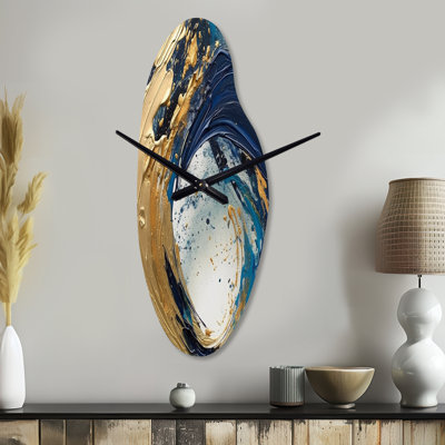 Dark Blue and Gold Strokes VI - Asymmetrical Modern Metal Clock, Blue Wall Clock Print