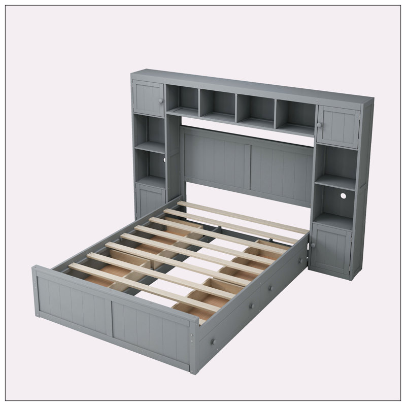 Murphy Shaped Solid Wood Bookcase Bed Frame With Bookcase Headboard and 4 Drawers,Platform Bed,Storage Bed, Gray