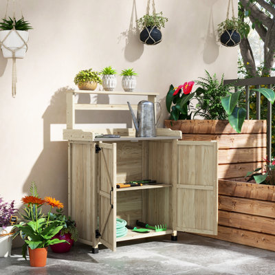 Banc de jardin avec armoire de rangement, plateau de table galvanisé pour le patio, jardin, pelouse, terrasses naturelles pour l'extérieur 2 tablettes, plateau de table, armoire en bois, balcon