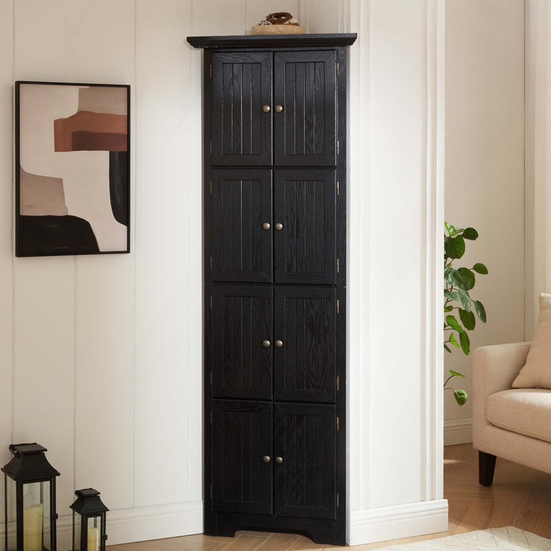Armoire de rangement pour garde-manger de coin à 4 niveaux avec 8 portes et tablettes pour organiser les essentiels culinaires dans la cuisine, le salon et la salle de bain