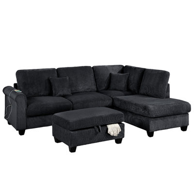 Contemporary 3Pc Sectional Set With Right Arm Chaise, Left Arm Sofa, USB Port, Storage Ottoman, And Throw Pillows For Living Room