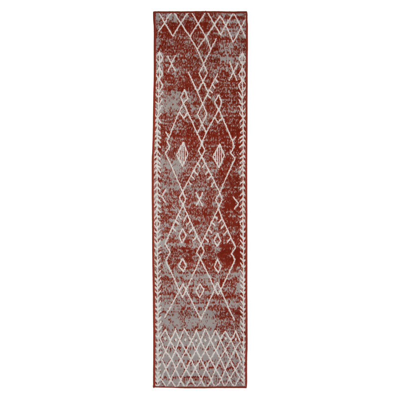 Tapis rouge à motif géométrique, Tapis de couloir 2 pi x 8 pi