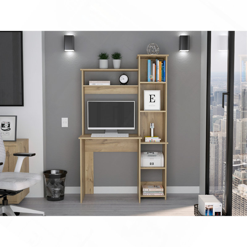Bureau, cinq tablettes, deux tablettes supérieures, chêne clair