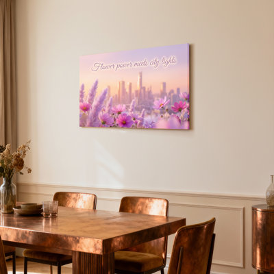 Flower Power Meets City Lights Canvas Wrapped Wall Art Oil Painting Print Set Of 1
