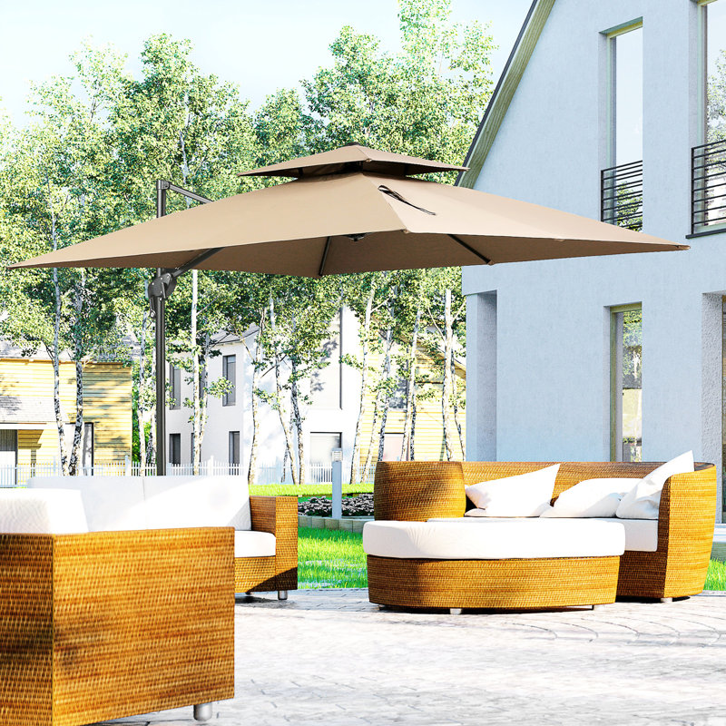 Parasol de patio décalé avec base, rotation à 360 °, construction à double plateau, 8 nervures, inclinaison facile, manivelle, tissu café à 360 degrés