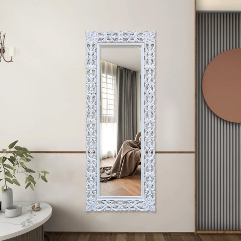 Diego Carved Full Length Wall Mirror | Rectangular Mirrors For Bathroom, Living Room, Bedroom, Hallway, Entryway & Any Space | 23x59” / White