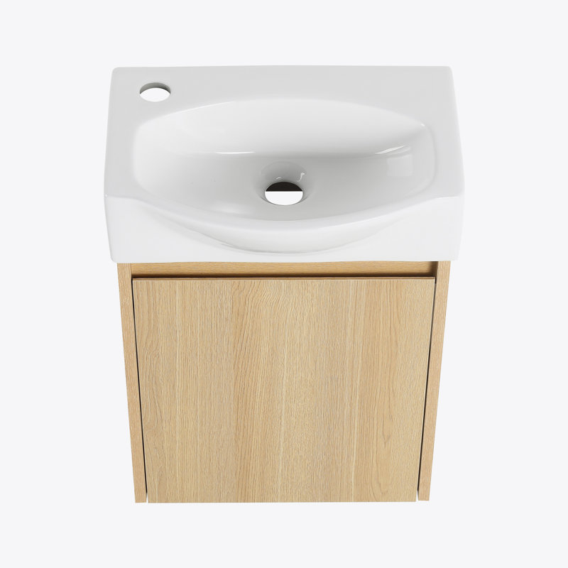 Petit meuble-lavabo moderne 16 po avec lavabo à poser en céramique pour petit espace, Chêne