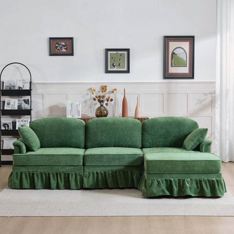 Canapé modulaire moderne avec jupe à volants amovible, chenille, repose-pieds, en forme de L, Vert