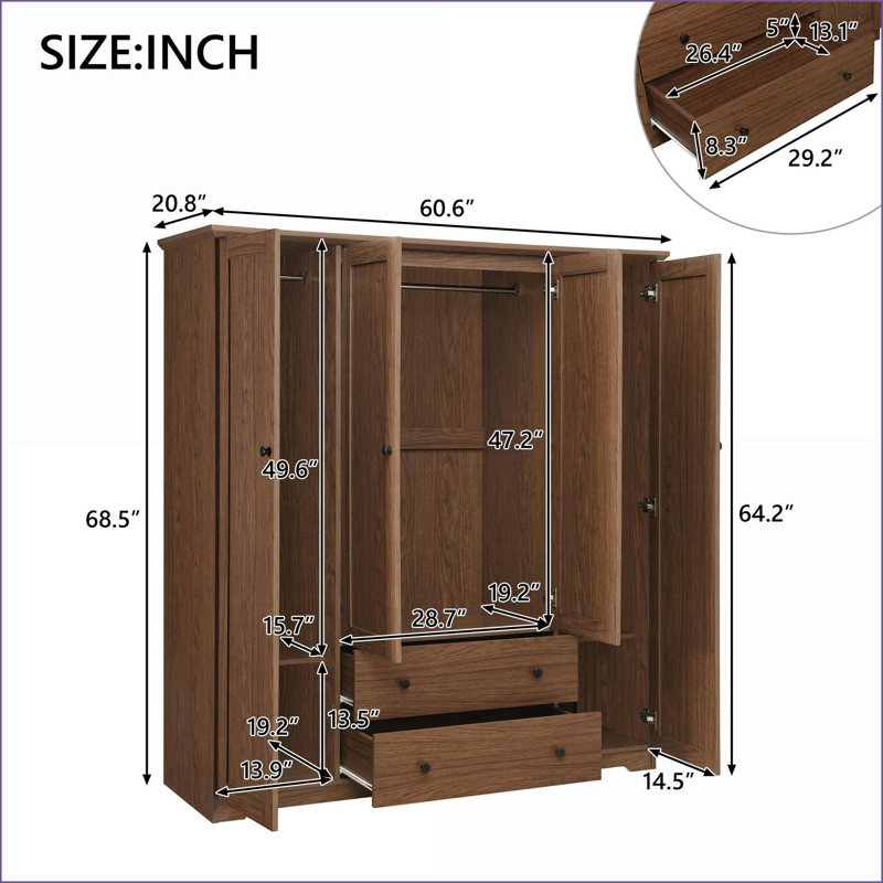 Commodes et amp; Armoire-penderie 4 portes avec 2 tiroirs | Brun | Panneau de fibres à densité moyenne, Brun