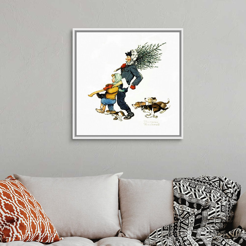«Norman Rockwell Bringing Home The Tree», art mural sur toile, Cadre flottant blanc, H 32 po x l 32 po x P 1,75 po