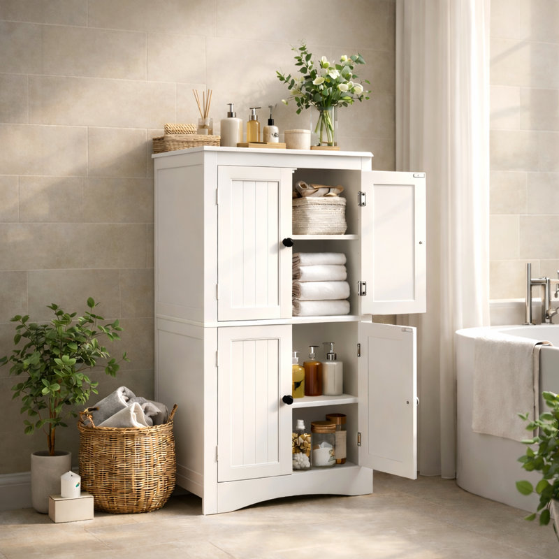 43" Freestanding Storage Cabinet with 4 Doors & Adjustable Shelves for Living Room, Kitchen, Bathroom or Entryway, White