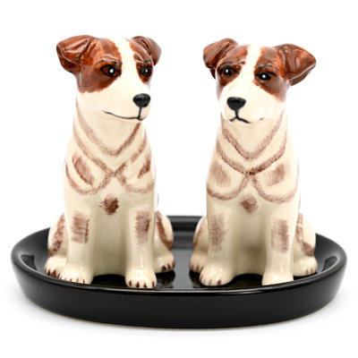 SALT AND PEPPER SHAKER Huskie and black ceramic tray