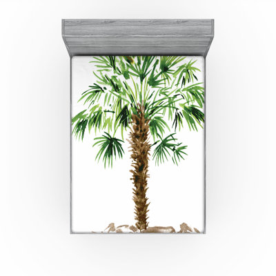Ambesonne Tropical Fitted Sheet 2-Pack Hawaiian Palm Tree Fern Green Brown