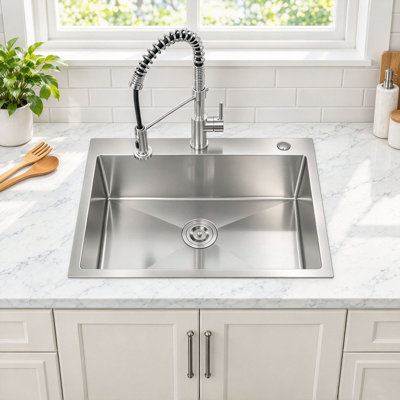 Évier de cuisine à simple cuve en acier inoxydable 27 po x 19 po, évier moderne fait à la main avec crépine et accessoires