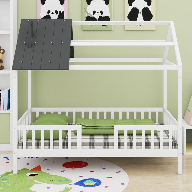 Lit en bois avec clôture, Blanc + gris