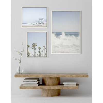 Waves Crashing, Palm Tree Paradise and Pale Blue Lifeguard Tower by Caroline Mint Framed Canvas Wall Art Set