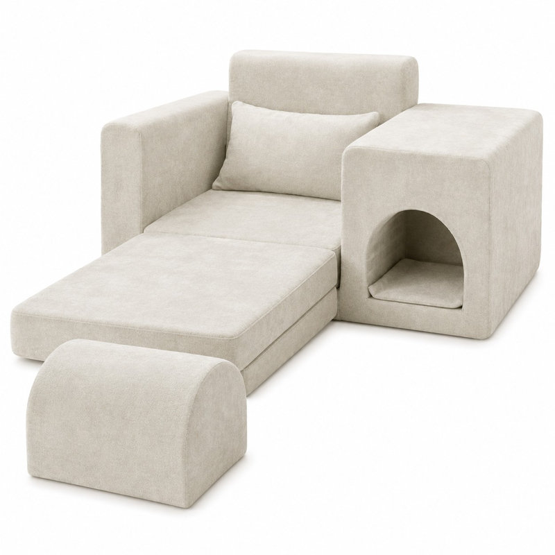 Fauteuil d'appoint convertible de 55,2 po adapté aux animaux de compagnie avec cachette intégrée pour chat et chien, siège escamotable en mousse à mémoire de forme et repose-pieds, beige