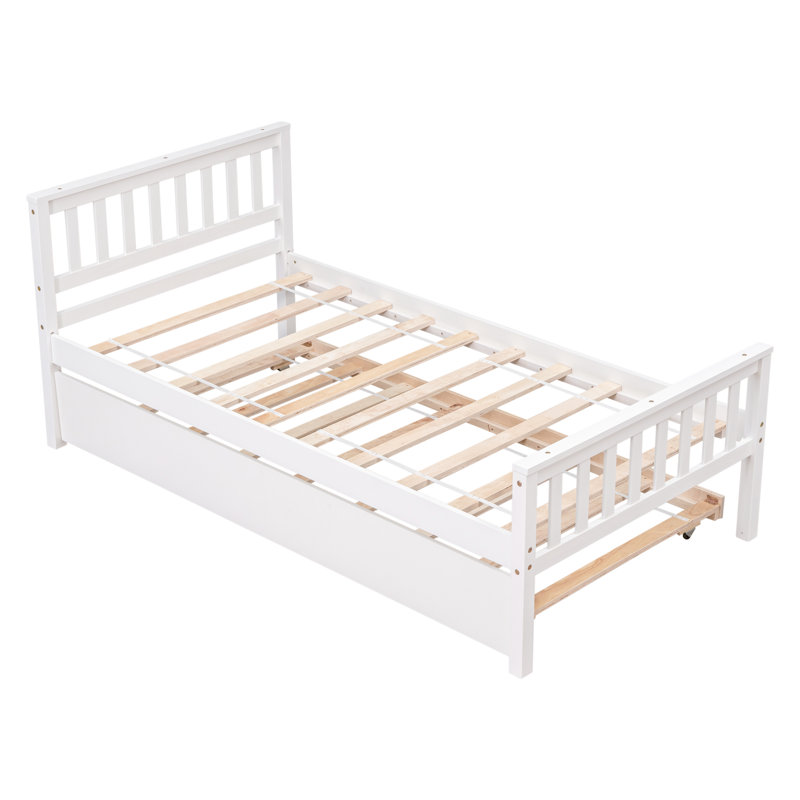 White Twin Bed With Trundle Pine Wood No Box Spring, White