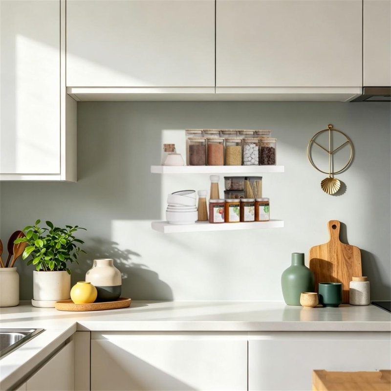Deep Walnut Floating Wall Shelves - Set of 2, White