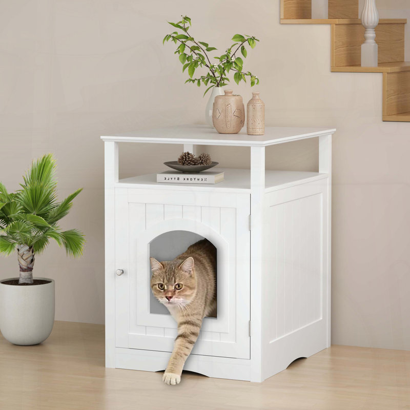 Enceinte de litière pour chat - Maison de chat d'intérieur en bois avec tablette de rangement - Blanc