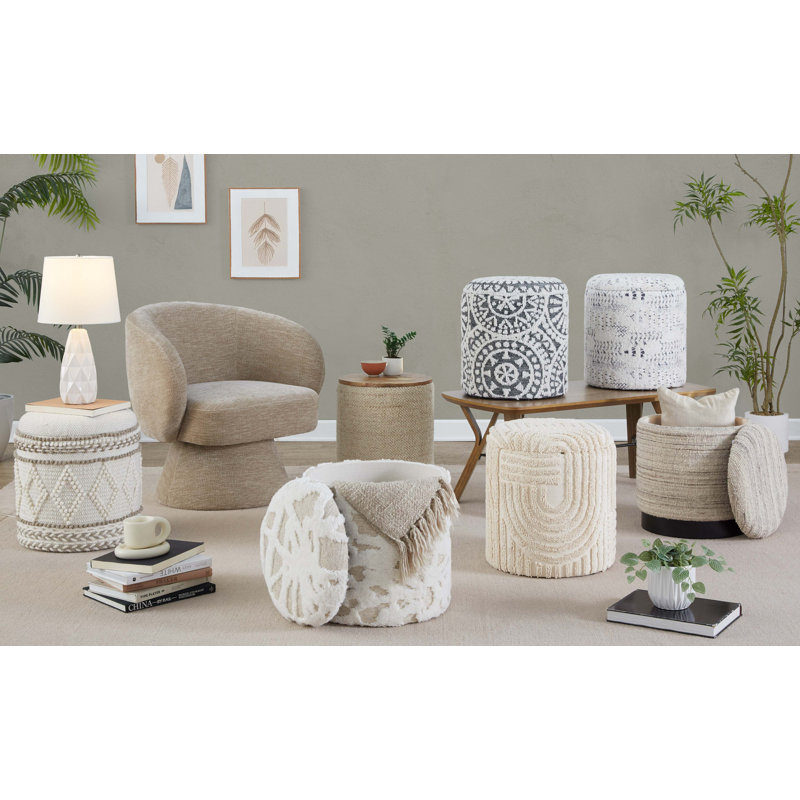 Repose-pieds de rangement de 18 pouces avec couvercle amovible, plateau en laine tissée à la main et structure en métal noir pour une assise polyvalente, un repose-pieds et un rangement caché.