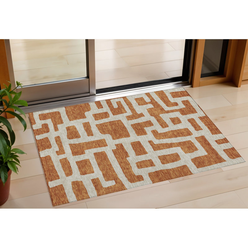 3' X 5' Terra Cotta And Gray Abstract Washable Indoor Outdoor Area Rug