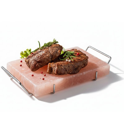 Bloc de sel professionnel avec plateau en acier, 30,5 x 20,3 x 3,8 cm, plaque de cuisson himalayenne pour griller, cuire et servir, 100 % naturel et de qualité alimentaire (rose)