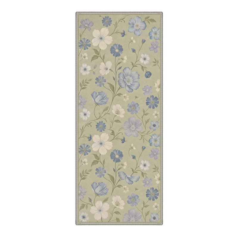 Tapis floral vert / bleu lavable à la machine avec envers antidérapant, Round 5'